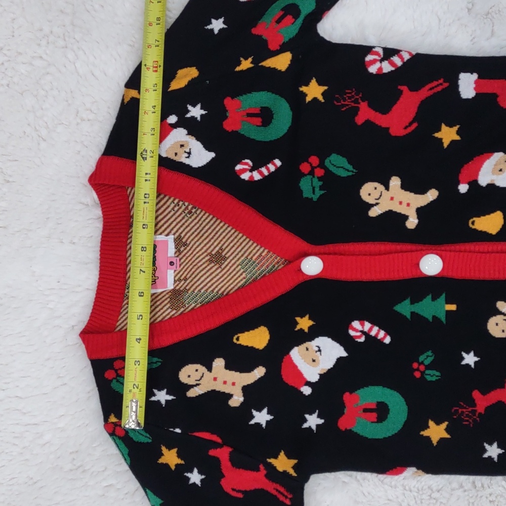 Tipsy Elves Black Cardigan with Red Trim and Festive Motifs - Picture 11 of 17